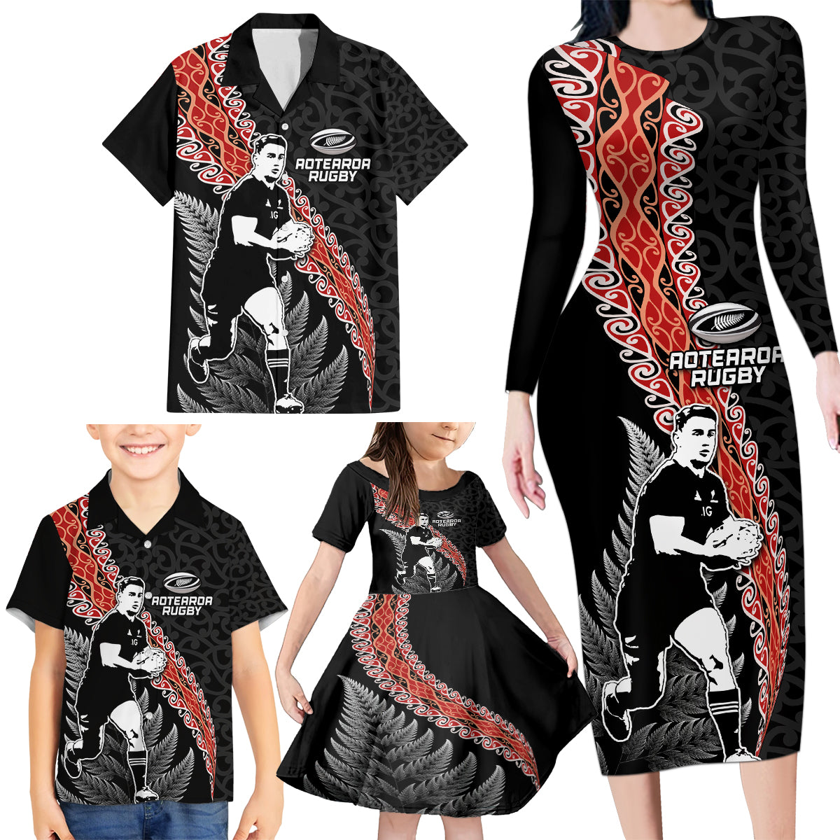 New Zealand Maori Rugby Player Family Matching Long Sleeve Bodycon Dress and Hawaiian Shirt Maori and Silver Fern Half Style LT03 - Polynesian Pride