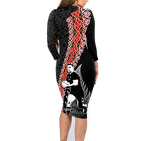 New Zealand Maori Rugby Player Family Matching Long Sleeve Bodycon Dress and Hawaiian Shirt Maori and Silver Fern Half Style LT03 - Polynesian Pride