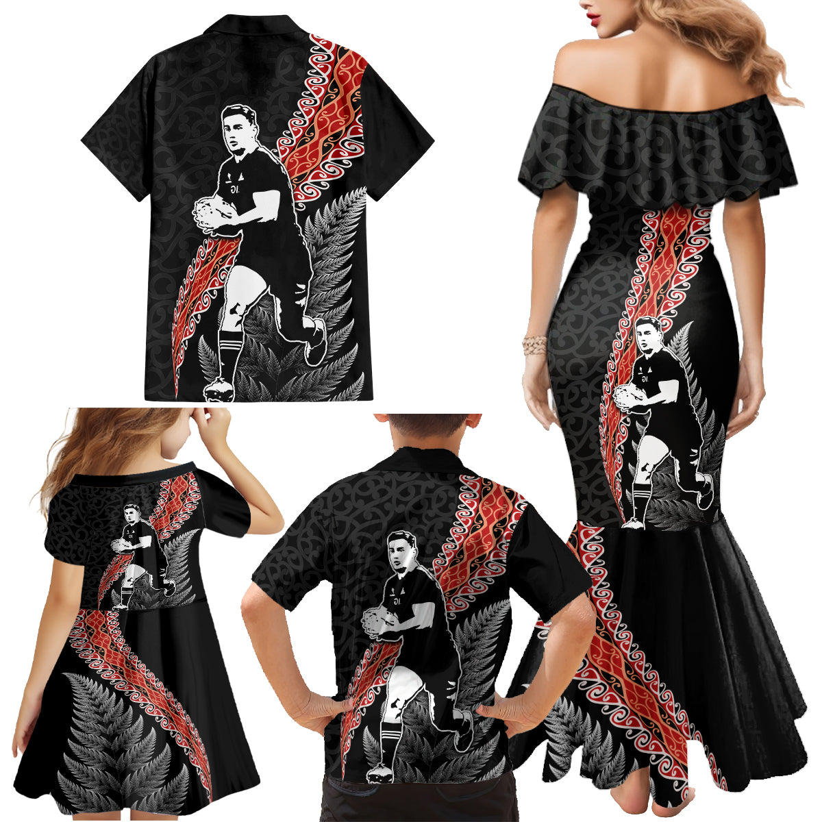 New Zealand Maori Rugby Player Family Matching Mermaid Dress and Hawaiian Shirt Maori and Silver Fern Half Style LT03 - Polynesian Pride