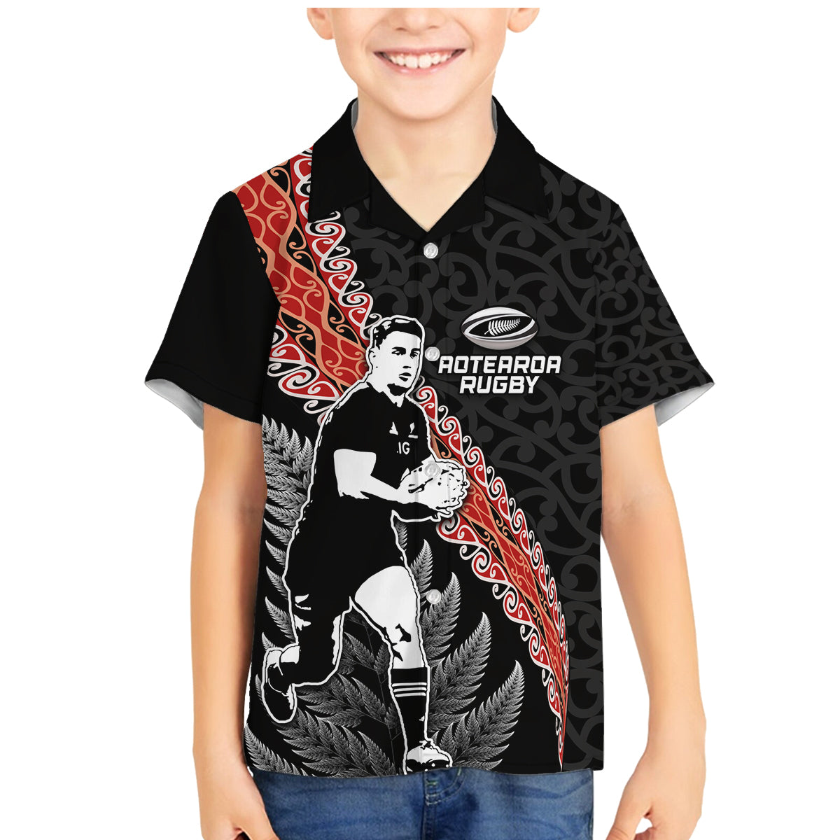 New Zealand Maori Rugby Player Family Matching Mermaid Dress and Hawaiian Shirt Maori and Silver Fern Half Style LT03 Son's Shirt Black - Polynesian Pride