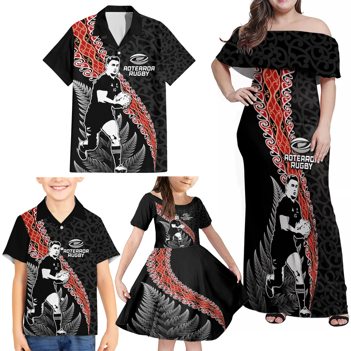 New Zealand Maori Rugby Player Family Matching Off Shoulder Maxi Dress and Hawaiian Shirt Maori and Silver Fern Half Style LT03 - Polynesian Pride