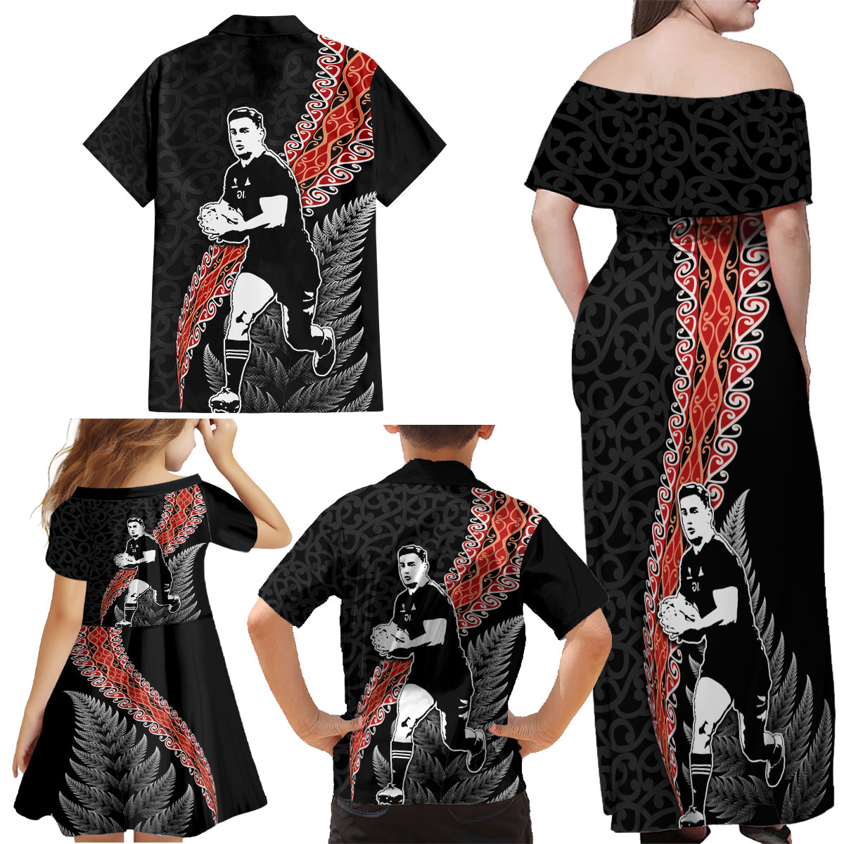 New Zealand Maori Rugby Player Family Matching Off Shoulder Maxi Dress and Hawaiian Shirt Maori and Silver Fern Half Style LT03 - Polynesian Pride
