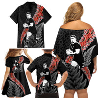 New Zealand Maori Rugby Player Family Matching Off Shoulder Short Dress and Hawaiian Shirt Maori and Silver Fern Half Style LT03 - Polynesian Pride