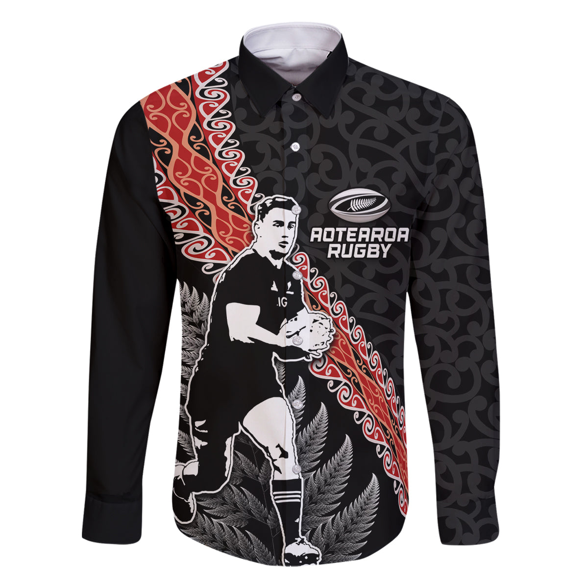 New Zealand Maori Rugby Player Family Matching Off Shoulder Short Dress and Hawaiian Shirt Maori and Silver Fern Half Style LT03 Dad's Shirt - Long Sleeve Black - Polynesian Pride