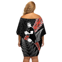 New Zealand Maori Rugby Player Family Matching Off Shoulder Short Dress and Hawaiian Shirt Maori and Silver Fern Half Style LT03 - Polynesian Pride