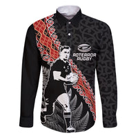 New Zealand Maori Rugby Player Family Matching Puletasi and Hawaiian Shirt Maori and Silver Fern Half Style LT03 Dad's Shirt - Long Sleeve Black - Polynesian Pride
