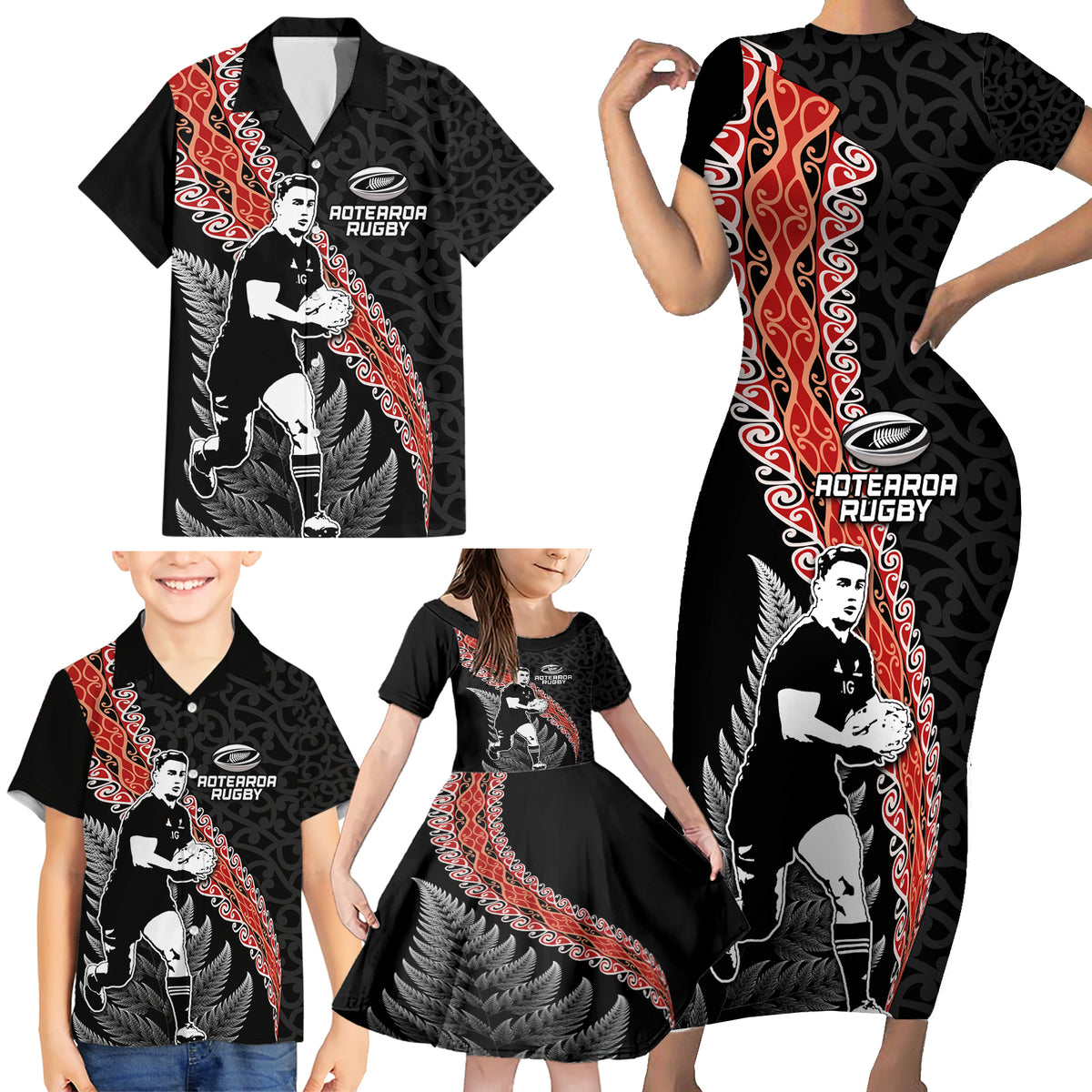 New Zealand Maori Rugby Player Family Matching Short Sleeve Bodycon Dress and Hawaiian Shirt Maori and Silver Fern Half Style LT03 - Polynesian Pride