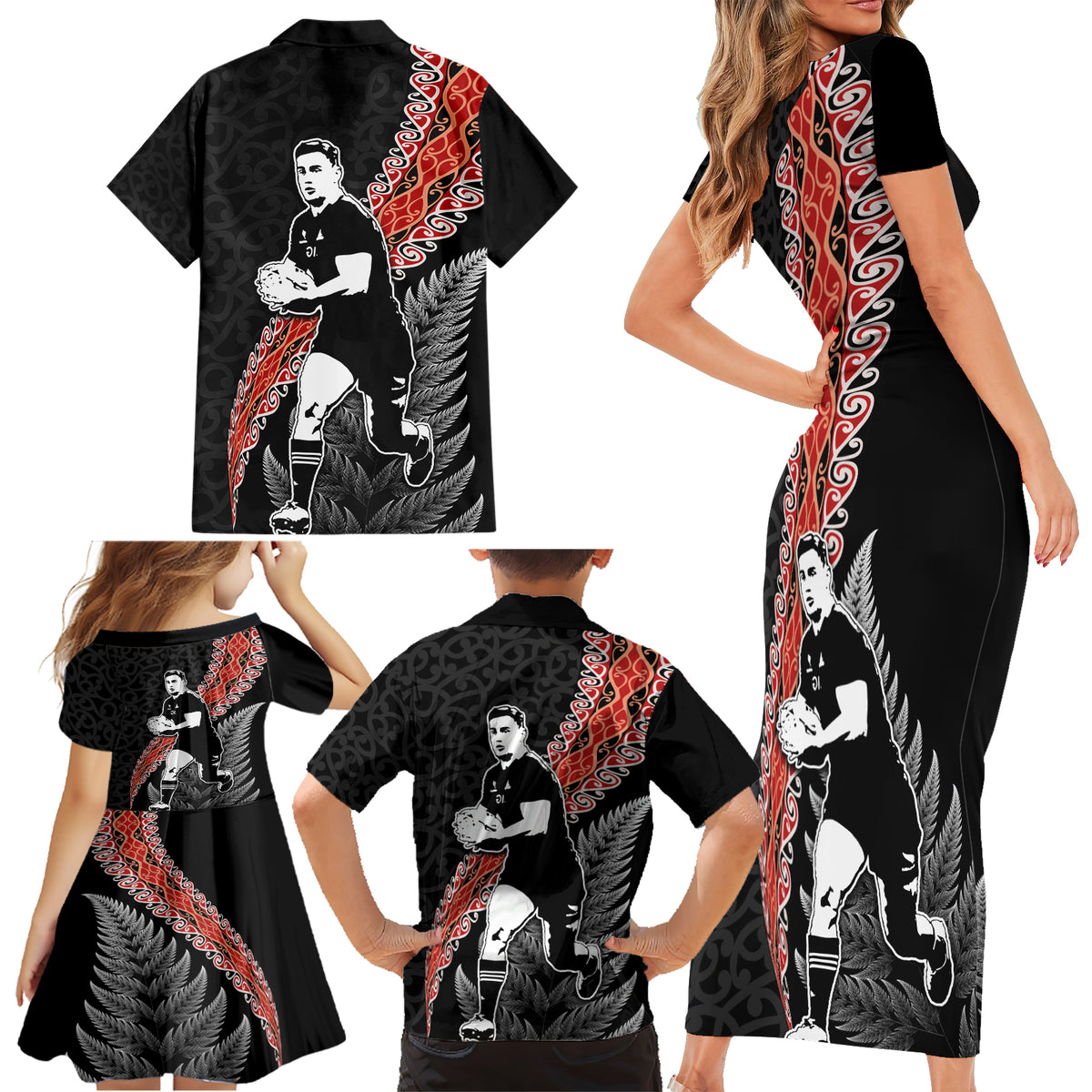 New Zealand Maori Rugby Player Family Matching Short Sleeve Bodycon Dress and Hawaiian Shirt Maori and Silver Fern Half Style LT03 - Polynesian Pride