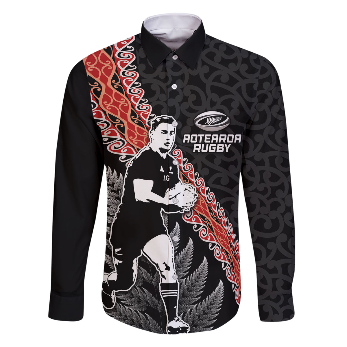 New Zealand Maori Rugby Player Family Matching Short Sleeve Bodycon Dress and Hawaiian Shirt Maori and Silver Fern Half Style LT03 Dad's Shirt - Long Sleeve Black - Polynesian Pride