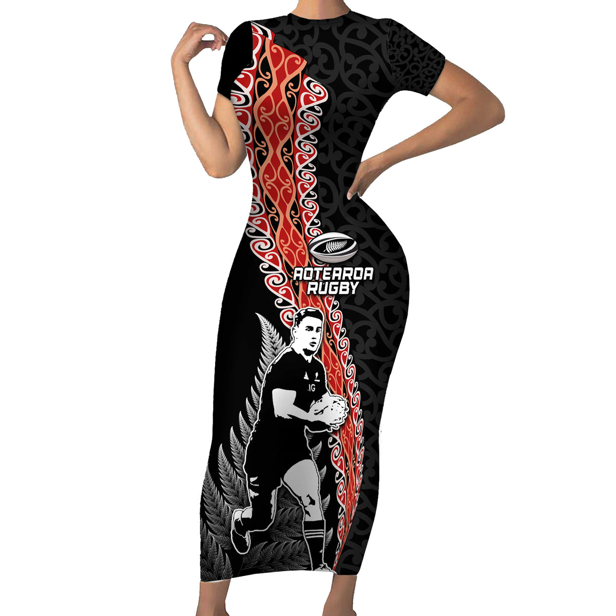 New Zealand Maori Rugby Player Family Matching Short Sleeve Bodycon Dress and Hawaiian Shirt Maori and Silver Fern Half Style LT03 Mom's Dress Black - Polynesian Pride