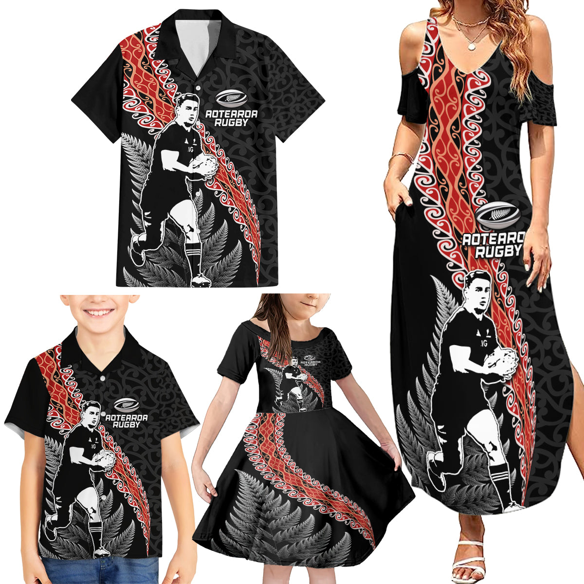 New Zealand Maori Rugby Player Family Matching Summer Maxi Dress and Hawaiian Shirt Maori and Silver Fern Half Style LT03 - Polynesian Pride
