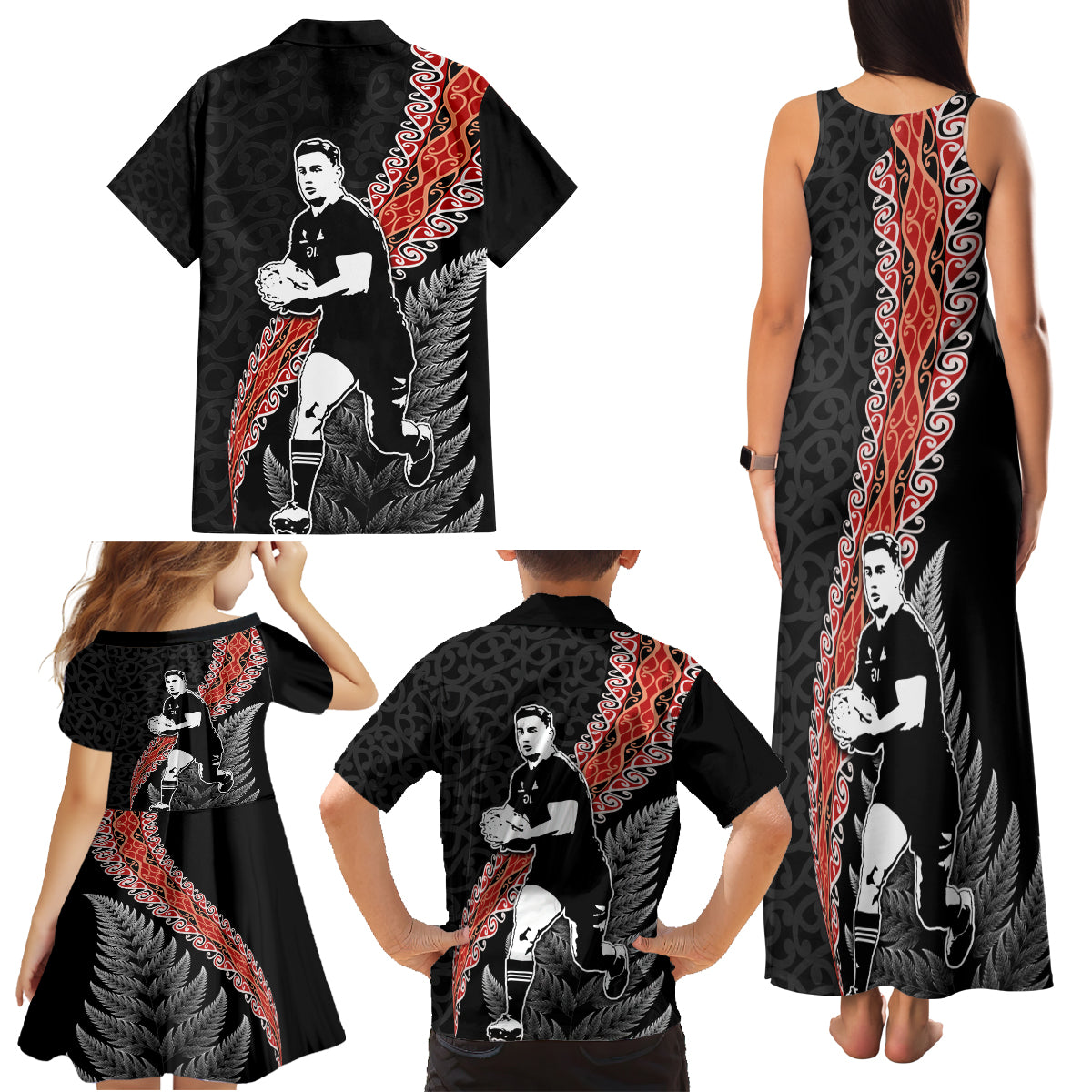 New Zealand Maori Rugby Player Family Matching Tank Maxi Dress and Hawaiian Shirt Maori and Silver Fern Half Style LT03 - Polynesian Pride