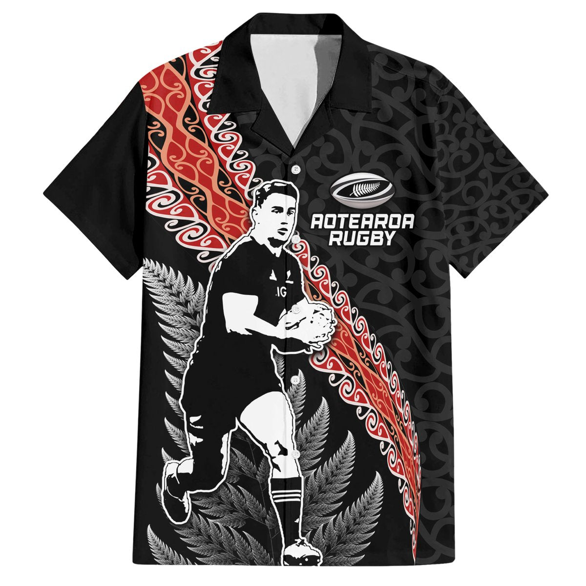 New Zealand Maori Rugby Player Hawaiian Shirt Maori and Silver Fern Half Style LT03 Black - Polynesian Pride