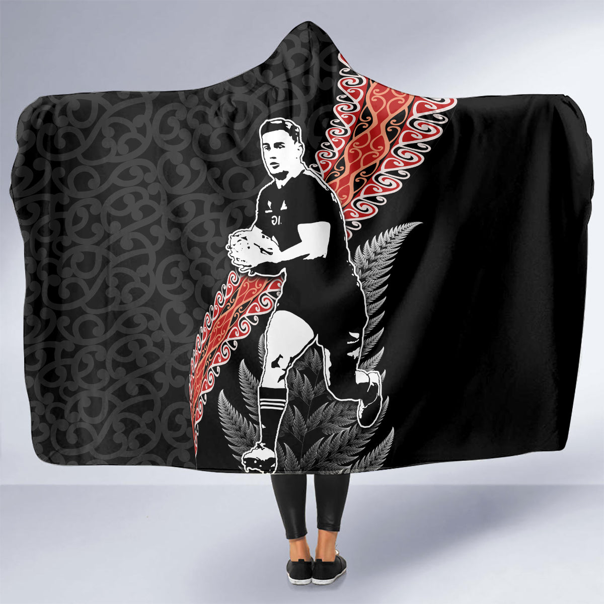New Zealand Maori Rugby Player Hooded Blanket Maori and Silver Fern Half Style LT03 - Polynesian Pride