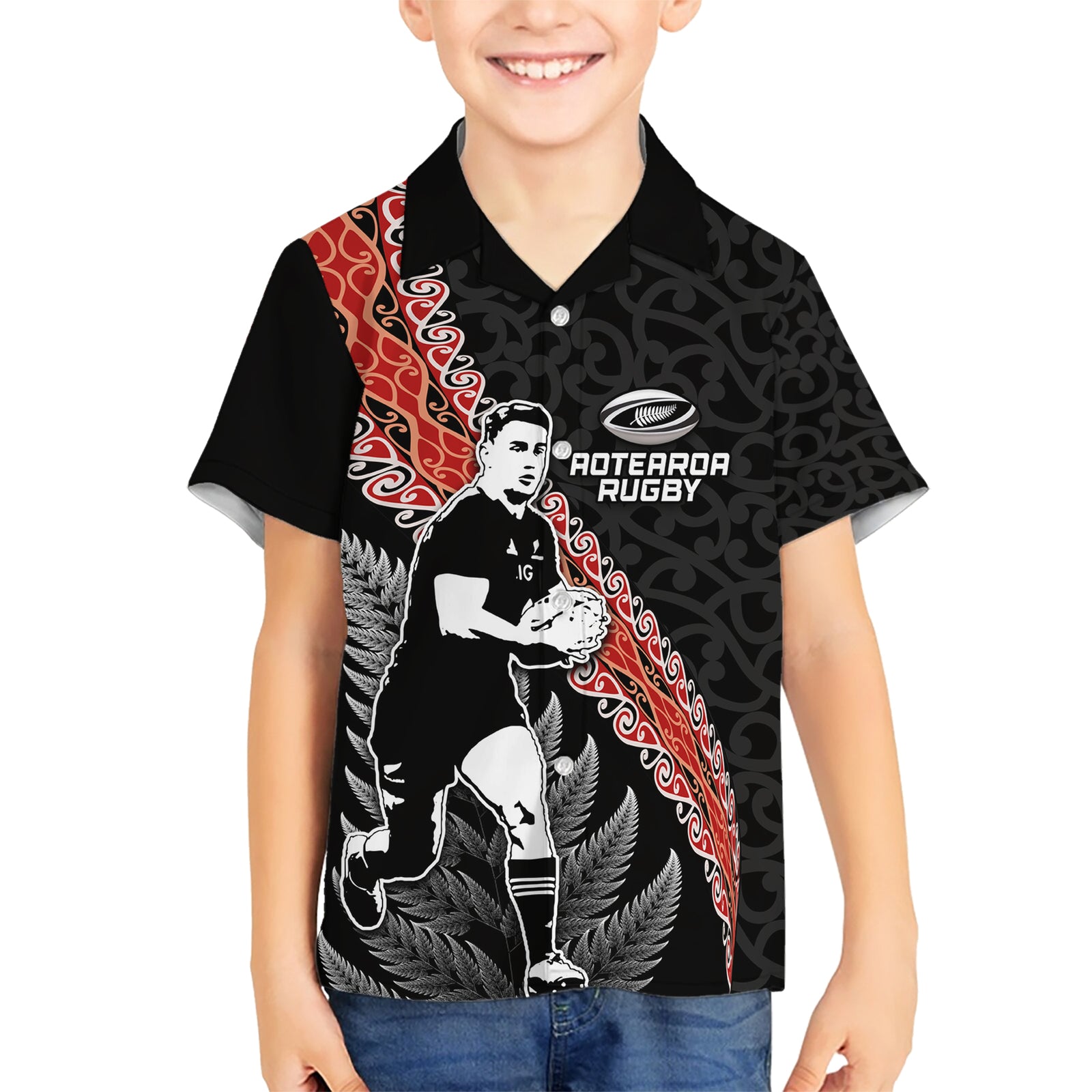 New Zealand Maori Rugby Player Kid Hawaiian Shirt Maori and Silver Fern Half Style LT03 Kid Black - Polynesian Pride