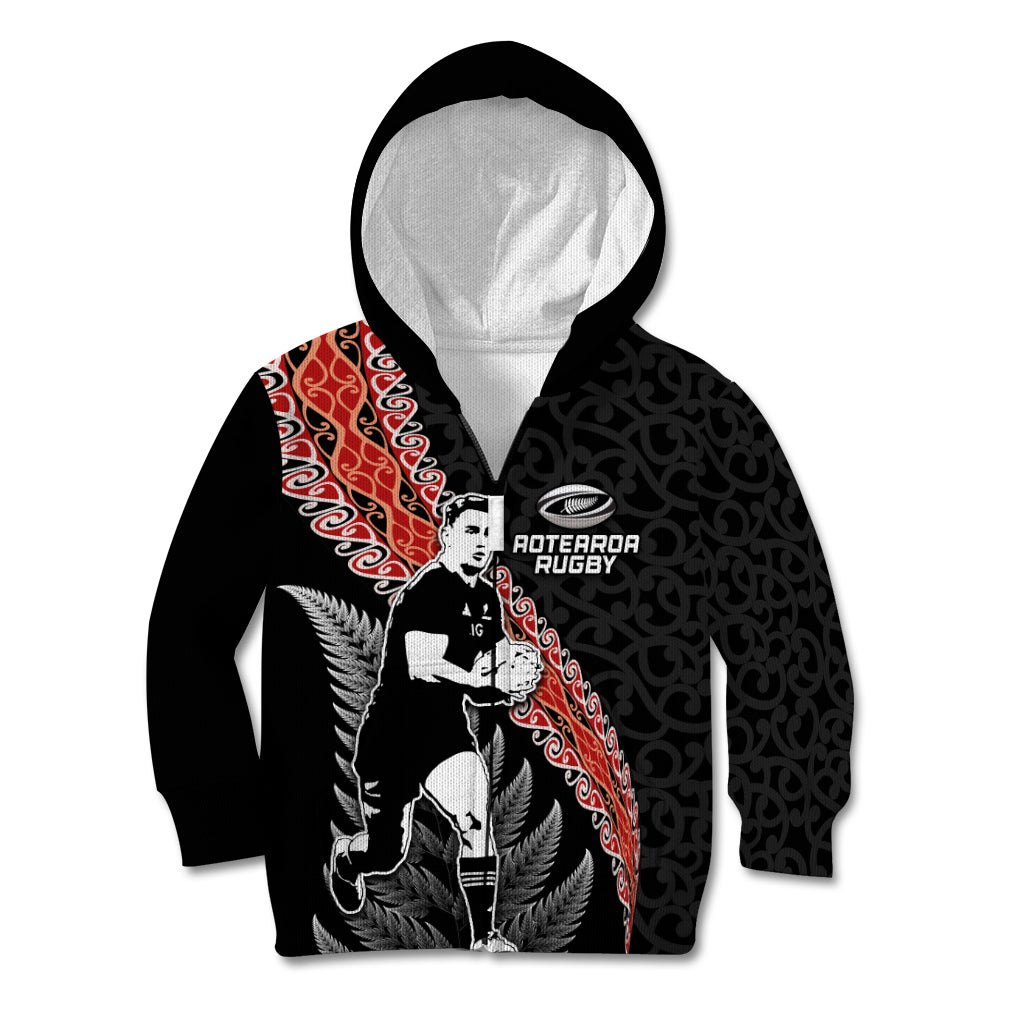 New Zealand Maori Rugby Player Kid Hoodie Maori and Silver Fern Half Style LT03 Zip Hoodie Black - Polynesian Pride