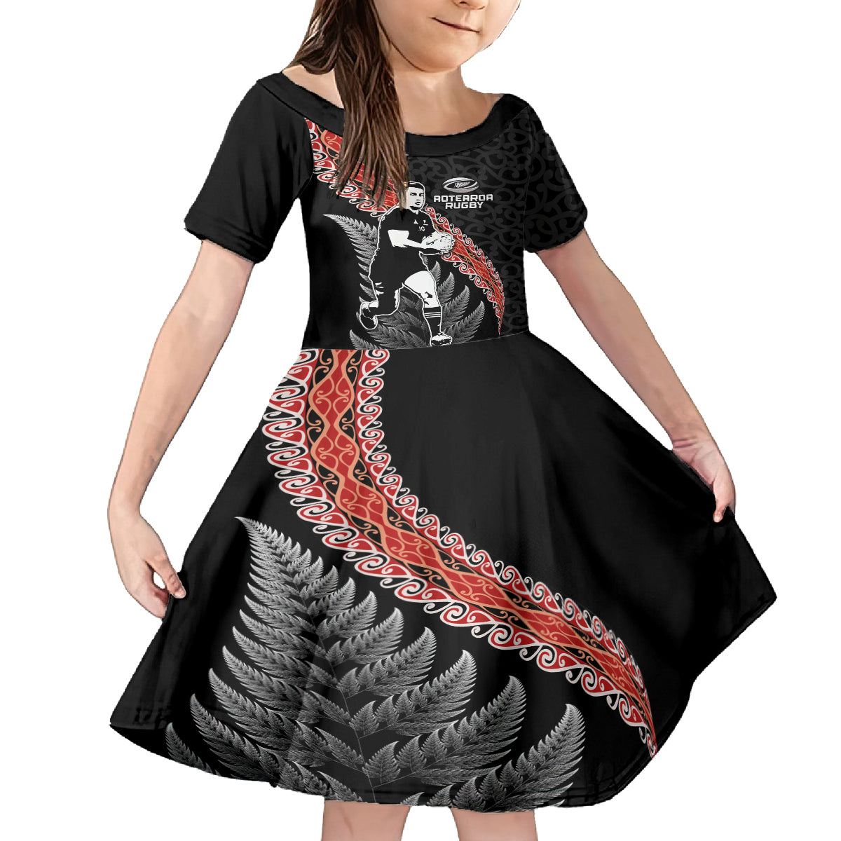 New Zealand Maori Rugby Player Kid Short Sleeve Dress Maori and Silver Fern Half Style LT03 KID Black - Polynesian Pride