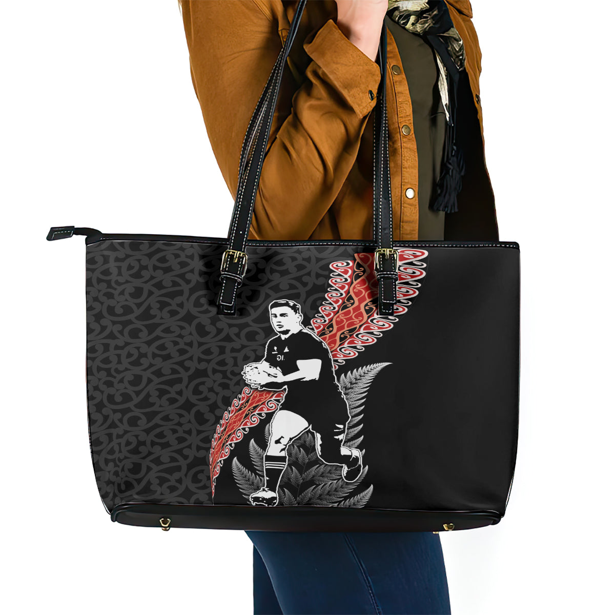 New Zealand Maori Rugby Player Leather Tote Bag Maori and Silver Fern Half Style LT03 - Polynesian Pride