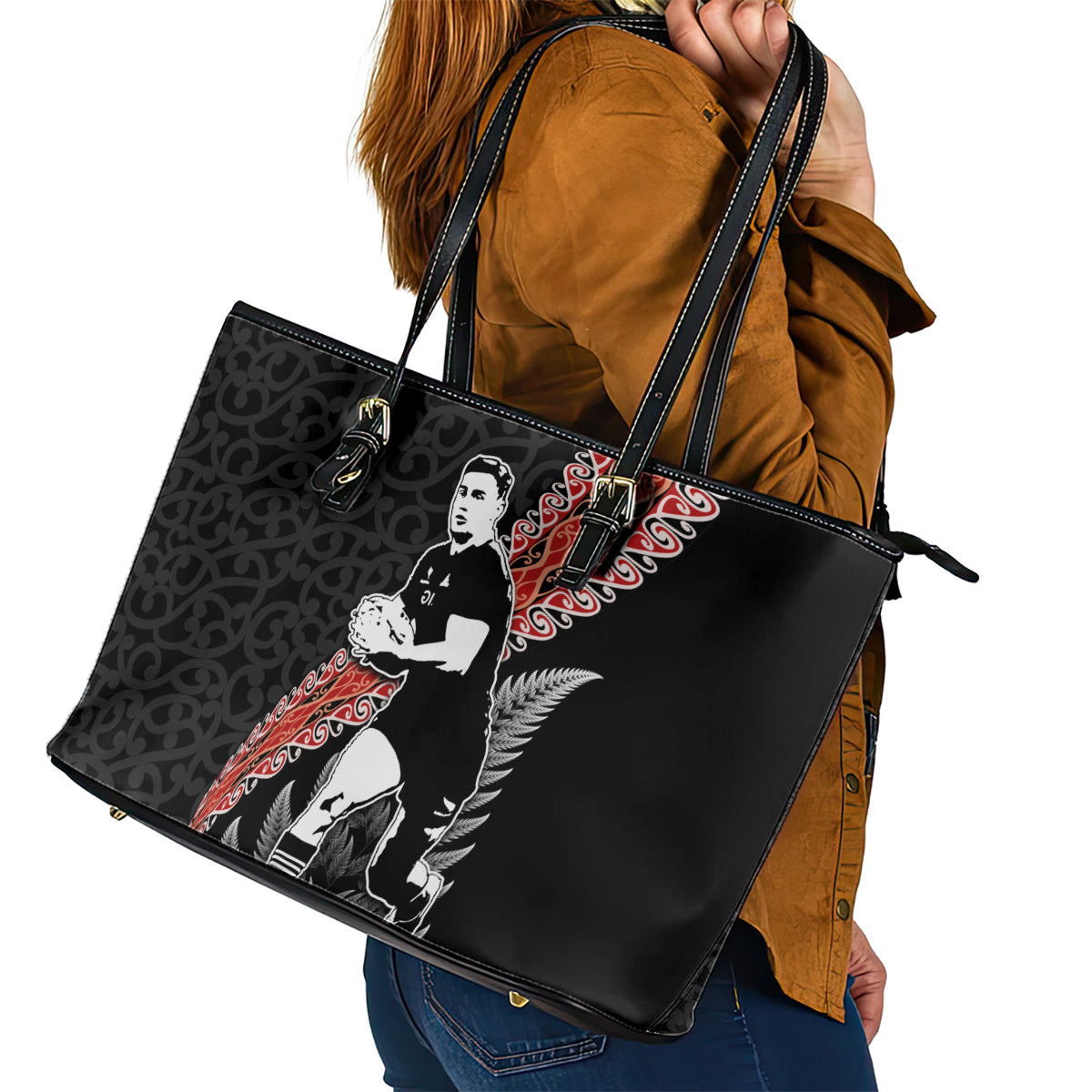 New Zealand Maori Rugby Player Leather Tote Bag Maori and Silver Fern Half Style LT03 - Polynesian Pride