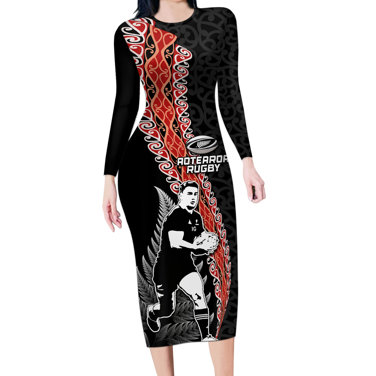 New Zealand Maori Rugby Player Long Sleeve Bodycon Dress Maori and Silver Fern Half Style LT03 Long Dress Black - Polynesian Pride