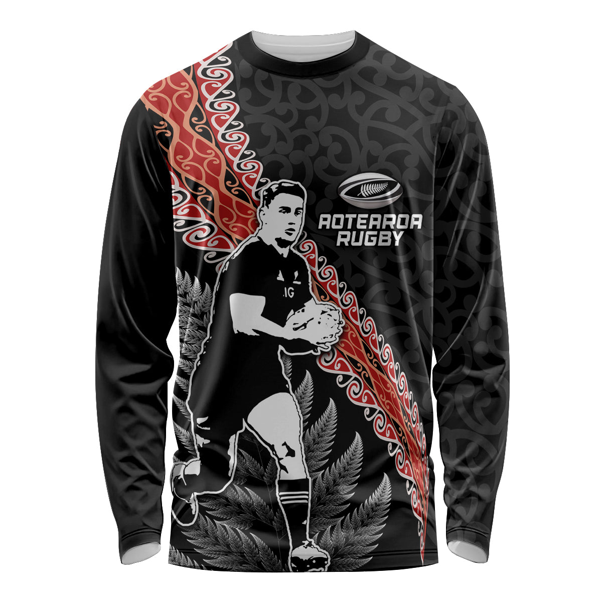 New Zealand Maori Rugby Player Long Sleeve Shirt Maori and Silver Fern Half Style LT03 Unisex Black - Polynesian Pride