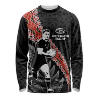 New Zealand Maori Rugby Player Long Sleeve Shirt Maori and Silver Fern Half Style LT03 Unisex Black - Polynesian Pride