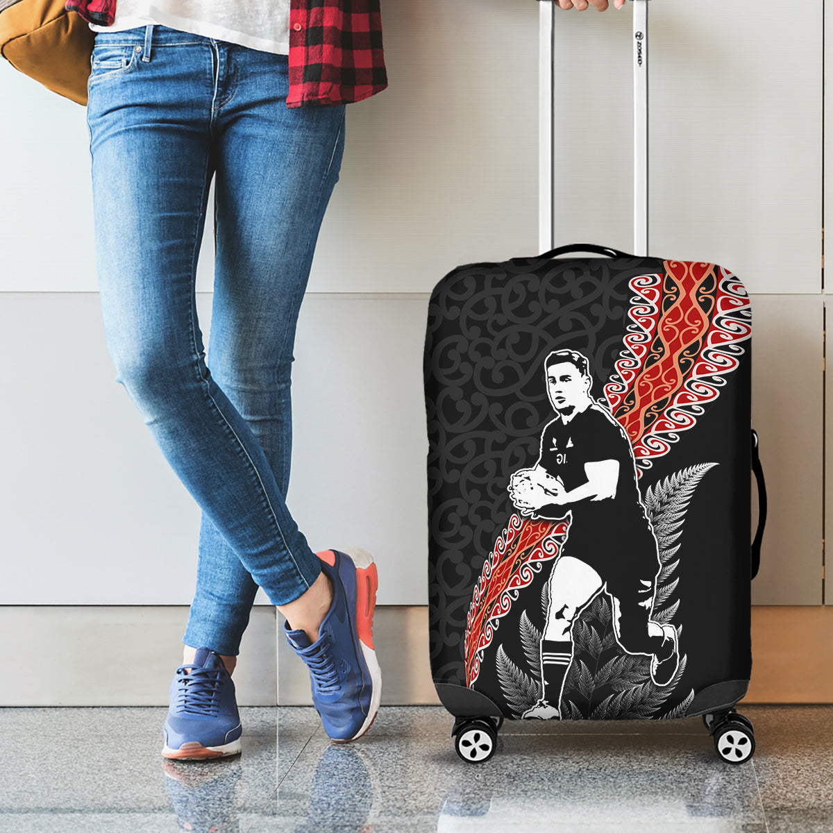 New Zealand Maori Rugby Player Luggage Cover Maori and Silver Fern Half Style