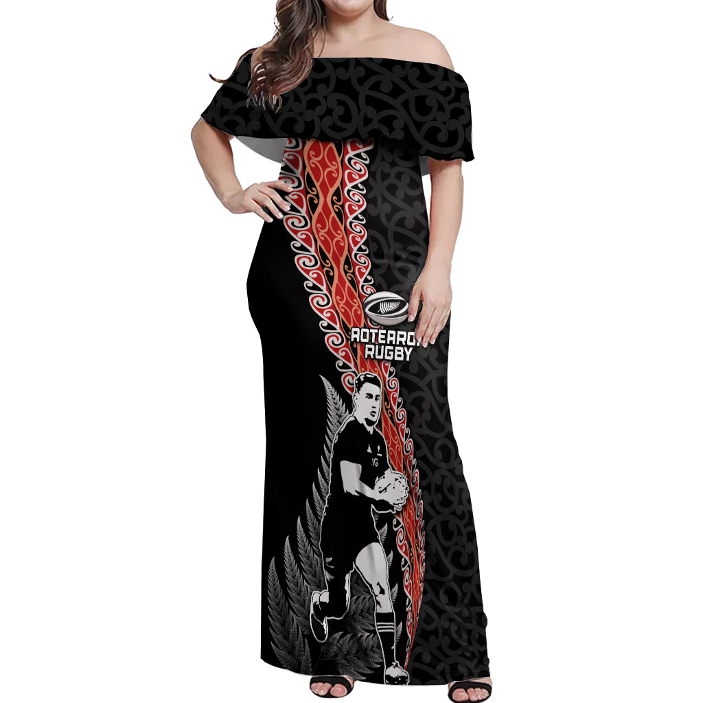 New Zealand Maori Rugby Player Off Shoulder Maxi Dress Maori and Silver Fern Half Style LT03 Women Black - Polynesian Pride