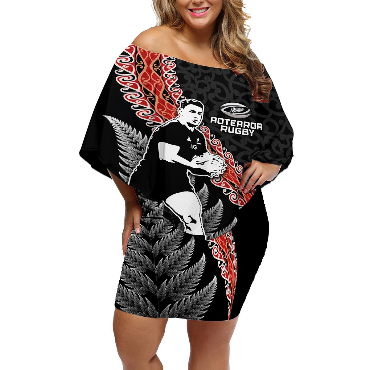 New Zealand Maori Rugby Player Off Shoulder Short Dress Maori and Silver Fern Half Style LT03 Women Black - Polynesian Pride