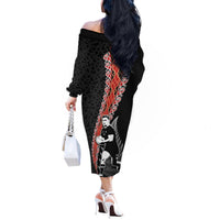 New Zealand Maori Rugby Player Off The Shoulder Long Sleeve Dress Maori and Silver Fern Half Style LT03 - Polynesian Pride