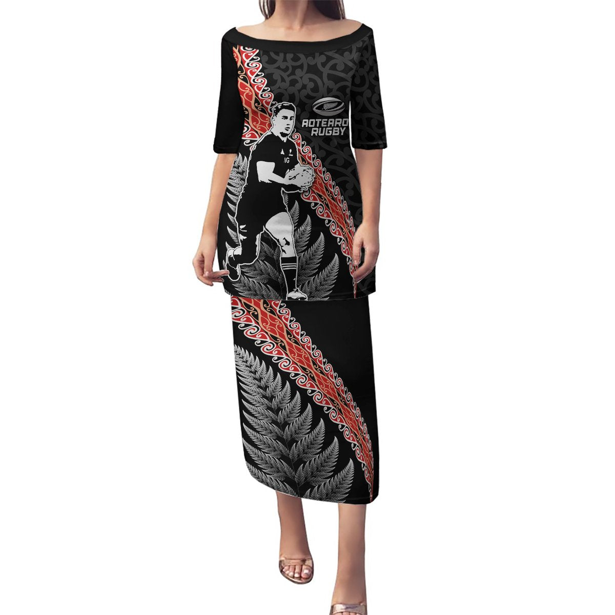 New Zealand Maori Rugby Player Puletasi Maori and Silver Fern Half Style LT03 Long Dress Black - Polynesian Pride