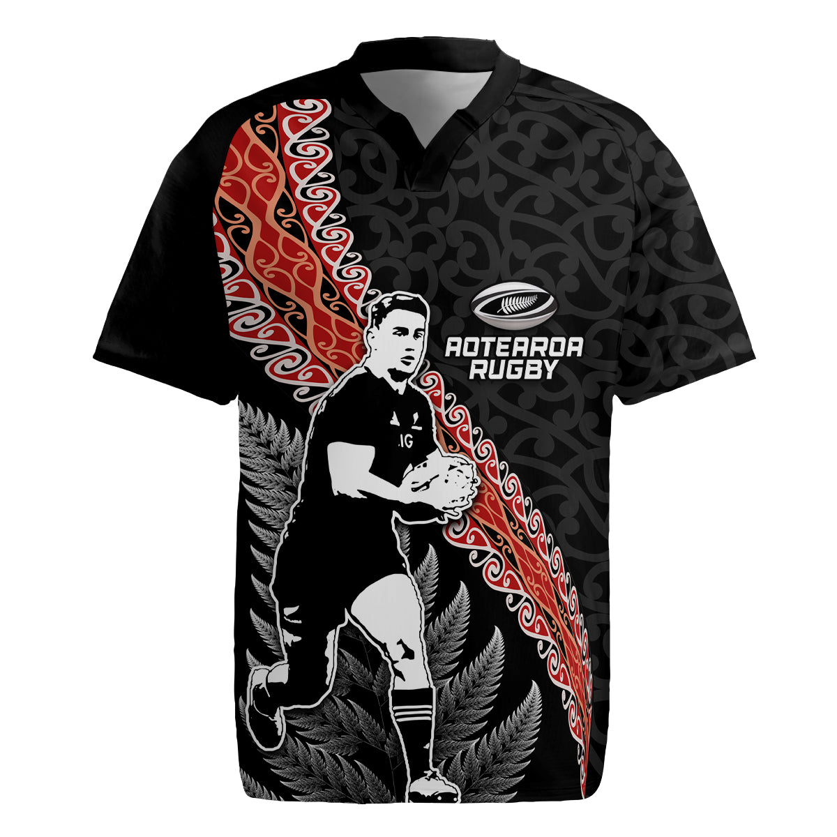 New Zealand Maori Rugby Player Rugby Jersey Maori and Silver Fern Half Style LT03 Black - Polynesian Pride