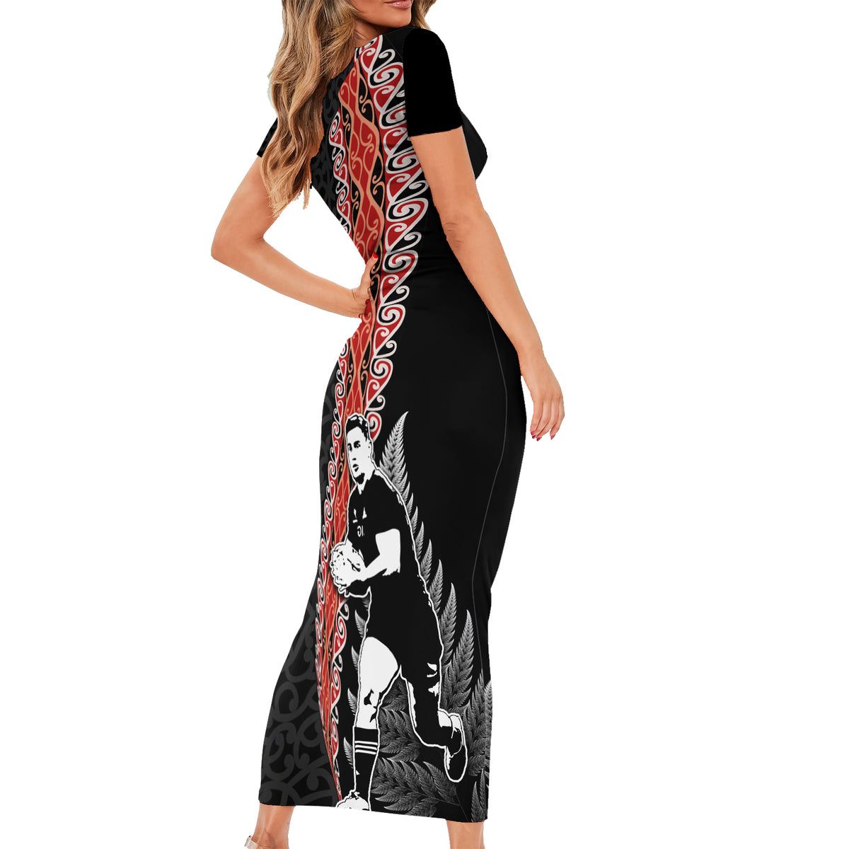 New Zealand Maori Rugby Player Short Sleeve Bodycon Dress Maori and Silver Fern Half Style LT03 - Polynesian Pride
