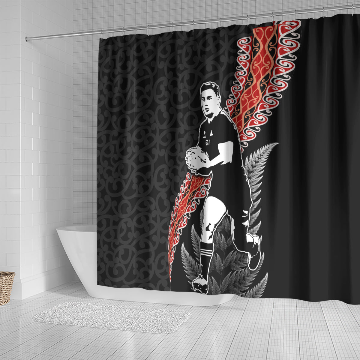 New Zealand Maori Rugby Player Shower Curtain Maori and Silver Fern Half Style LT03 - Polynesian Pride