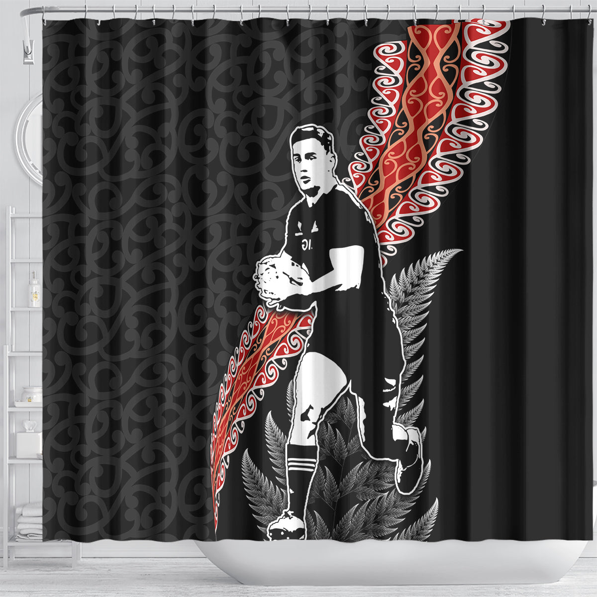 New Zealand Maori Rugby Player Shower Curtain Maori and Silver Fern Half Style LT03 - Polynesian Pride