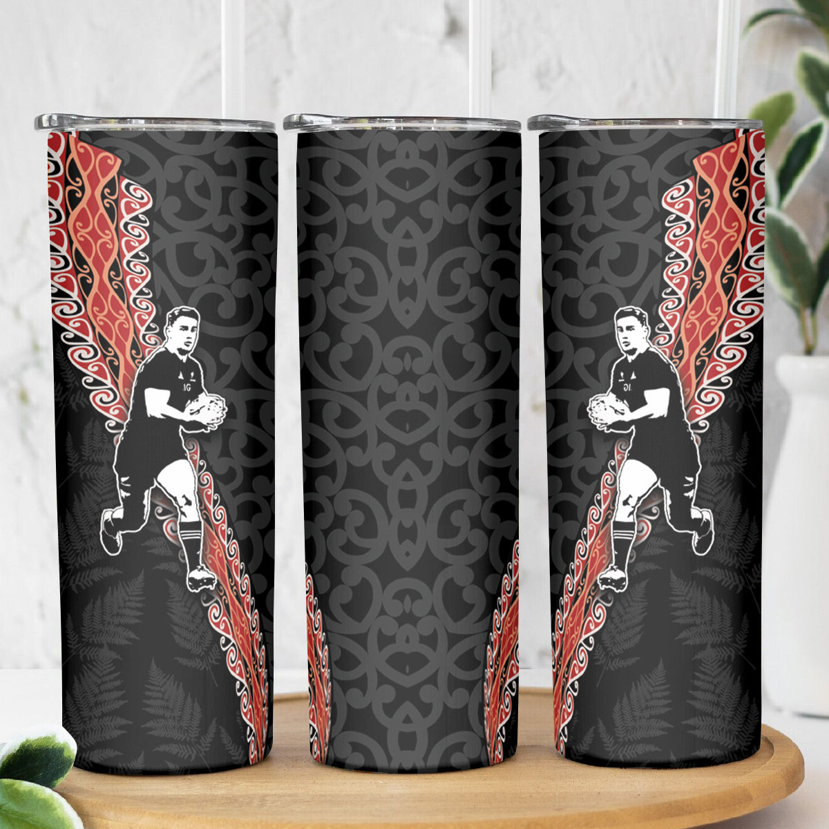 New Zealand Maori Rugby Player Skinny Tumbler Maori and Silver Fern Half Style LT03 - Polynesian Pride