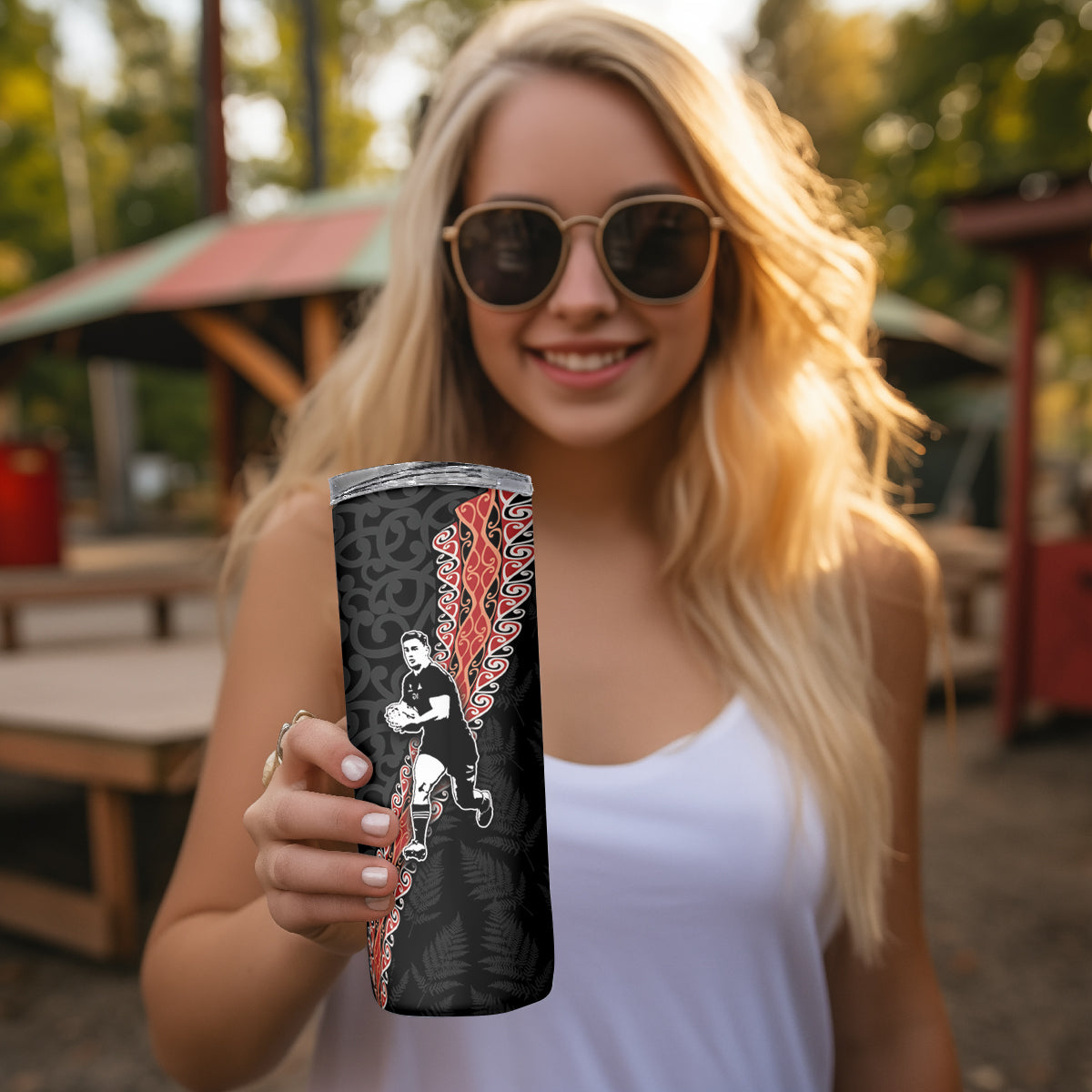 New Zealand Maori Rugby Player Skinny Tumbler Maori and Silver Fern Half Style LT03 - Polynesian Pride