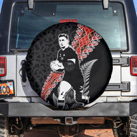 New Zealand Maori Rugby Player Spare Tire Cover Maori and Silver Fern Half Style LT03 Black - Polynesian Pride