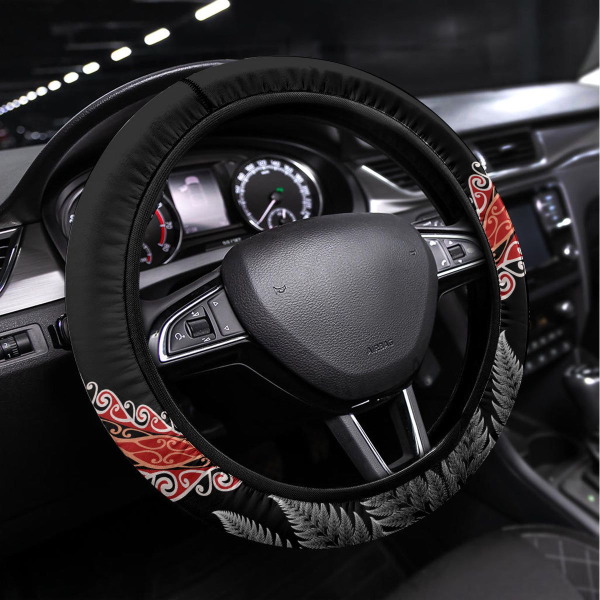 New Zealand Maori Rugby Player Steering Wheel Cover Maori and Silver Fern Half Style LT03 Universal Fit Black - Polynesian Pride