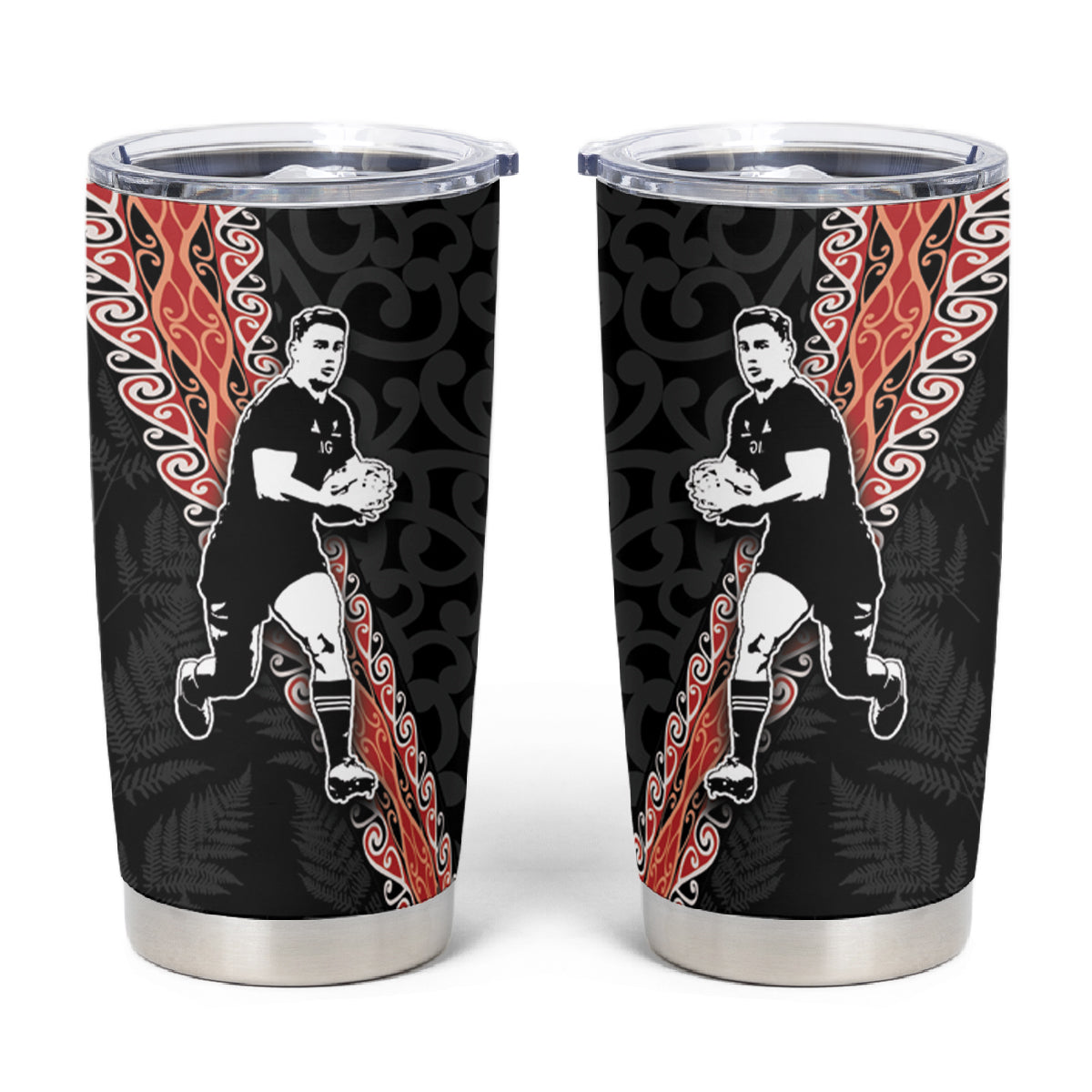 New Zealand Maori Rugby Player Tumbler Cup Maori and Silver Fern Half Style LT03 Black - Polynesian Pride