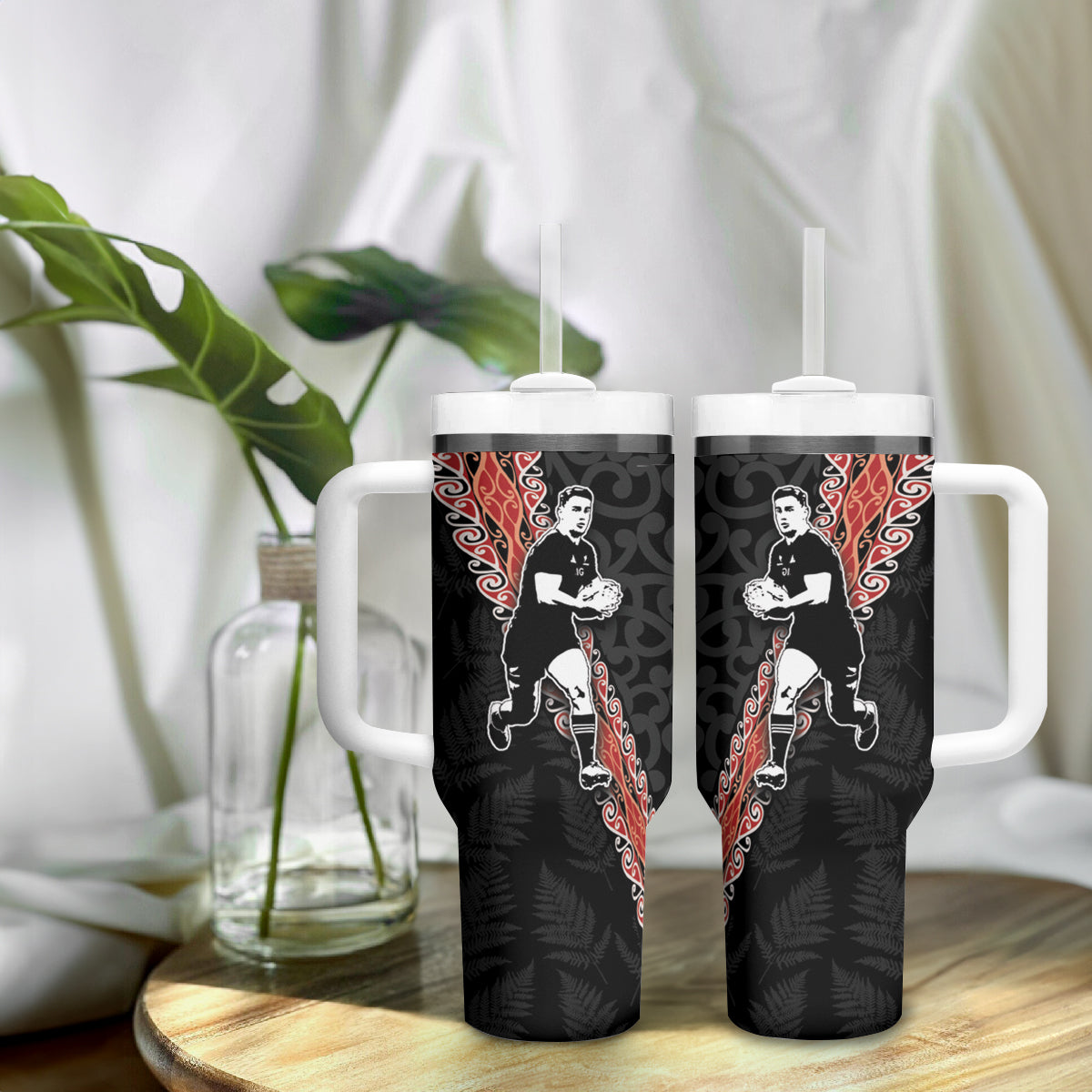 New Zealand Maori Rugby Player Tumbler With Handle Maori and Silver Fern Half Style LT03 - Polynesian Pride