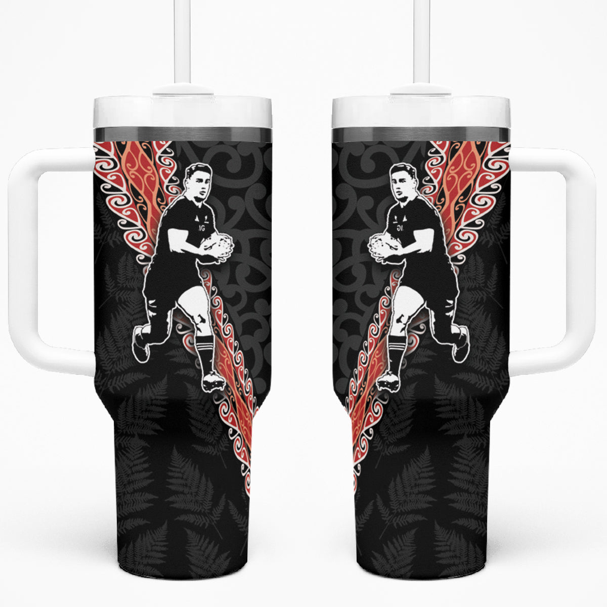 New Zealand Maori Rugby Player Tumbler With Handle Maori and Silver Fern Half Style LT03 One Size: 40 oz Black - Polynesian Pride
