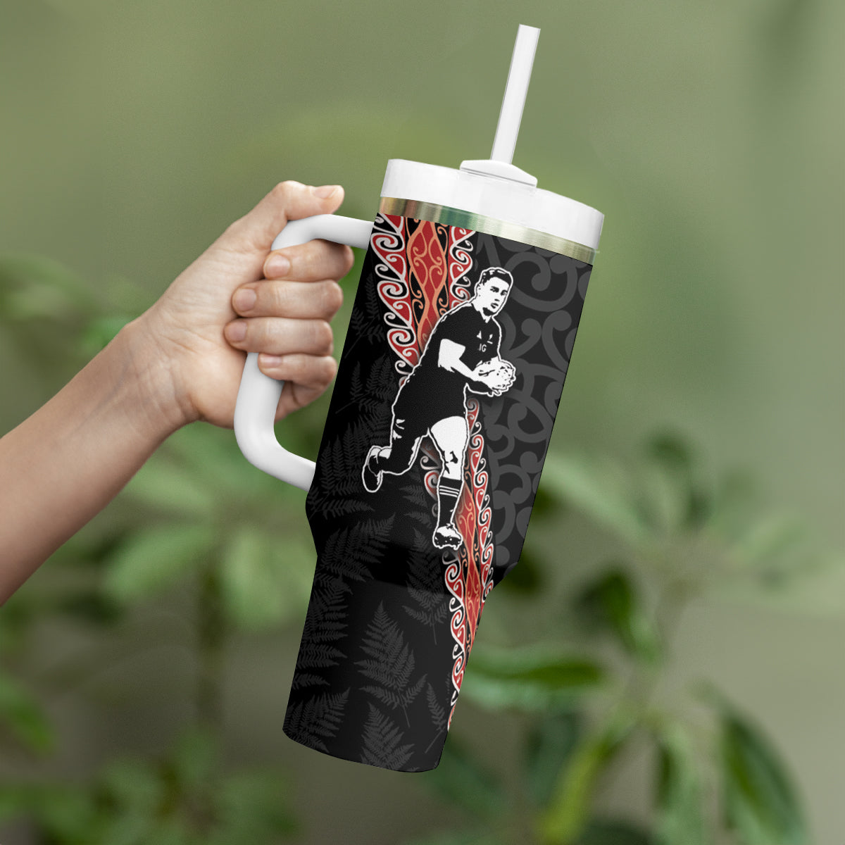 New Zealand Maori Rugby Player Tumbler With Handle Maori and Silver Fern Half Style LT03 - Polynesian Pride