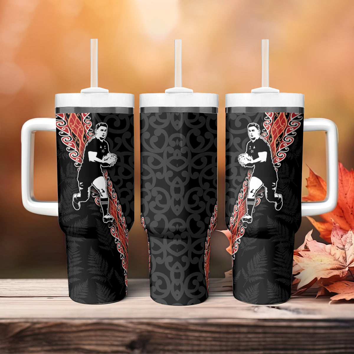 New Zealand Maori Rugby Player Tumbler With Handle Maori and Silver Fern Half Style LT03 - Polynesian Pride