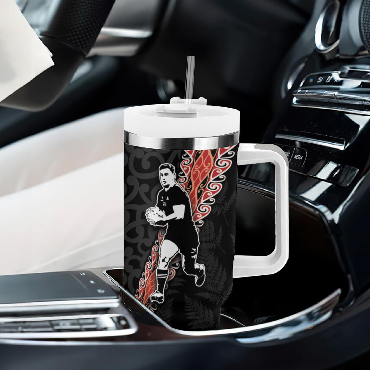 New Zealand Maori Rugby Player Tumbler With Handle Maori and Silver Fern Half Style LT03 - Polynesian Pride