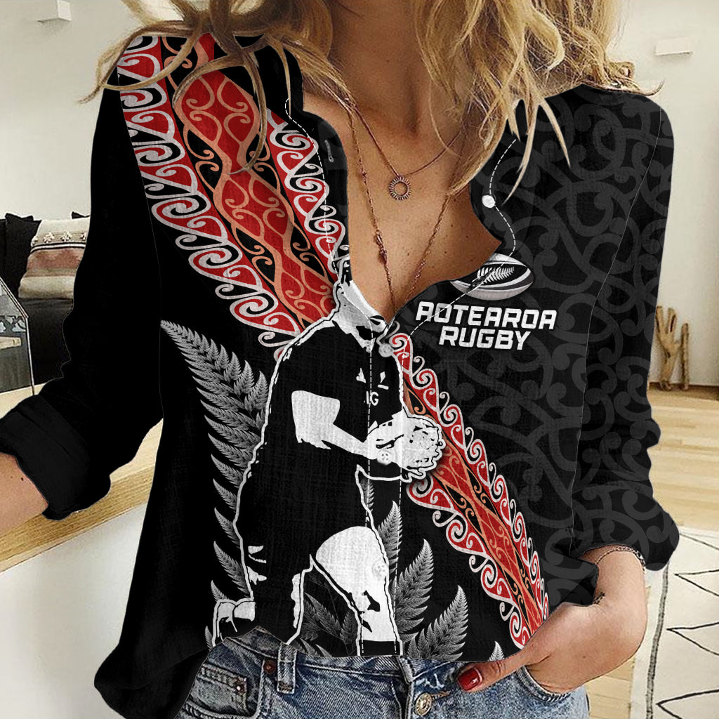 New Zealand Maori Rugby Player Women Casual Shirt Maori and Silver Fern Half Style LT03 Female Black - Polynesian Pride