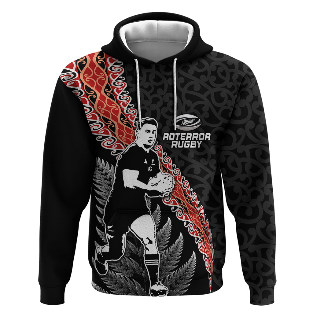 New Zealand Maori Rugby Player Zip Hoodie Maori and Silver Fern Half Style LT03 Pullover Hoodie Black - Polynesian Pride