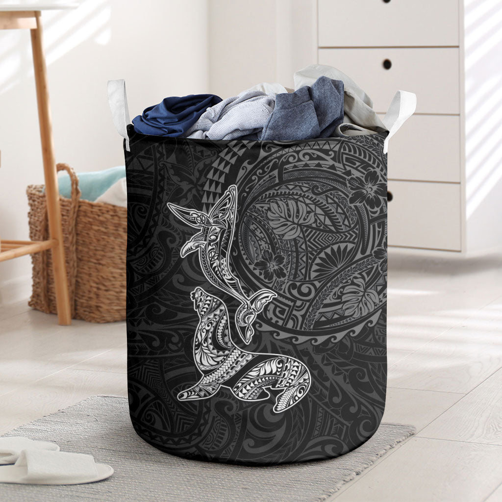 Hawaiian Monk Seal and Whale Laundry Basket Kakau Tribal Pattern Grayscale