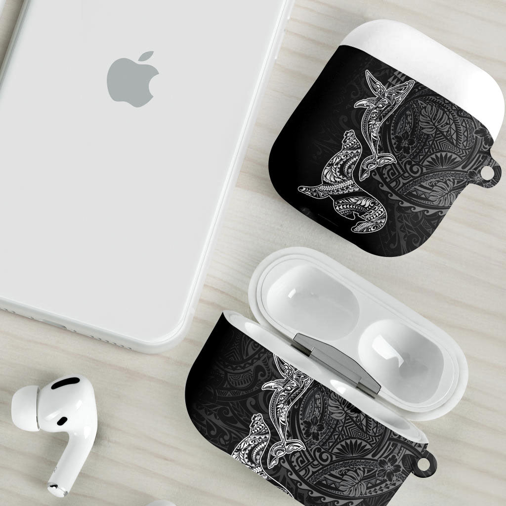 Hawaiian Monk Seal and Whale AirPods Case Kakau Tribal Pattern Grayscale