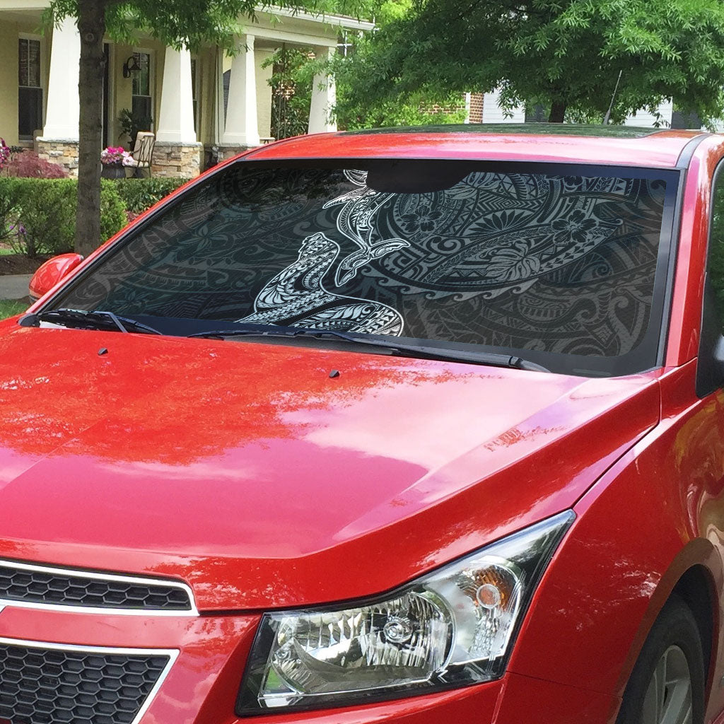 Hawaiian Monk Seal and Whale Auto Sun Shade Kakau Tribal Pattern Grayscale